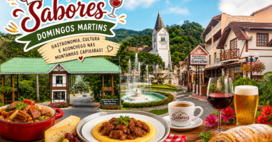 Montagem festiva do evento Sabores Domingos Martins com portal da cidade, praça central, arquitetura típica das montanhas capixabas e mesa com pratos gastronômicos, vinho, cerveja e café, representando o turismo e a culinária regional.