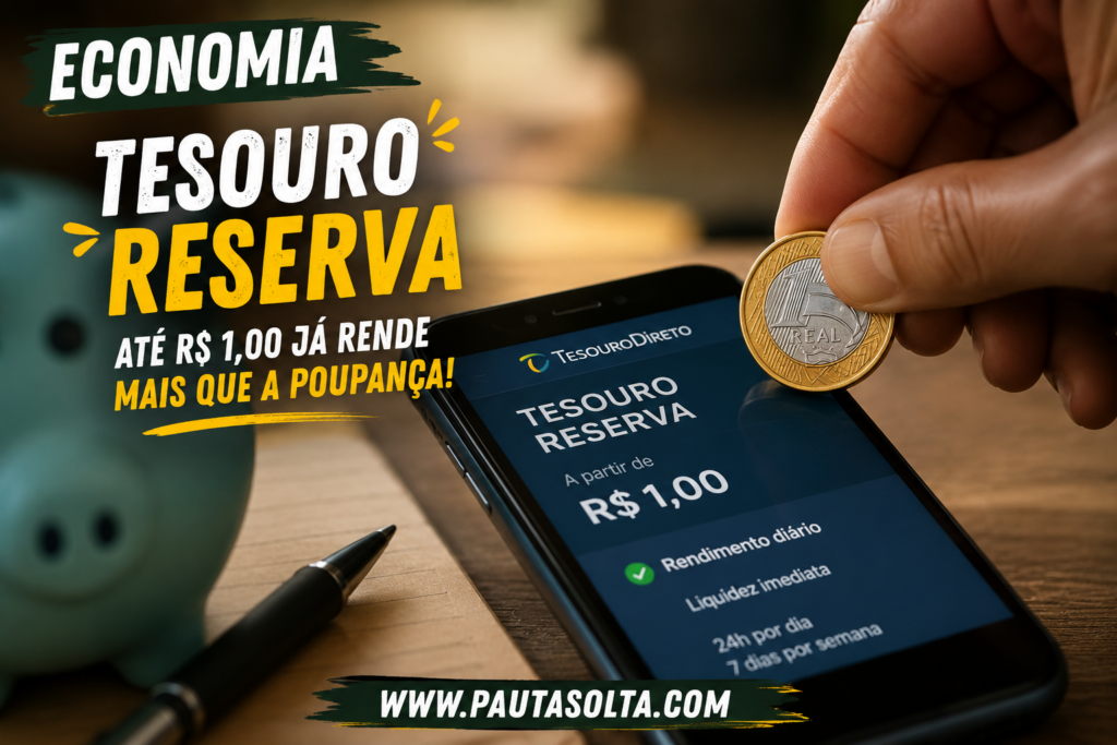 Mão segurando uma moeda de R$ 1 sobre um celular exibindo o Tesouro Reserva, nova aplicação do governo federal. A imagem traz o título “Tesouro Reserva: até R$ 1,00 já rende mais que a poupança!” em destaque, em estilo editorial econômico moderno e provocativo da Revista Pauta Solta.