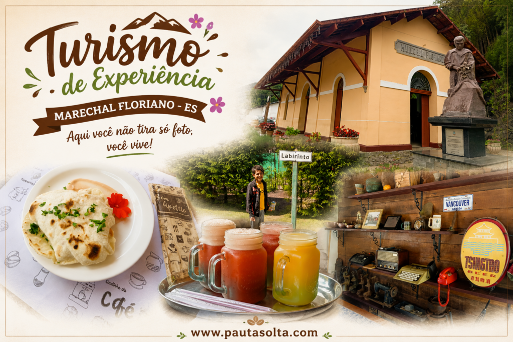 Colagem em estilo clean da cidade de Marechal Floriano, nas Montanhas Capixabas, reunindo estação ferroviária histórica, gastronomia artesanal, bebidas coloridas, ambiente rústico acolhedor e experiências turísticas locais. A arte traz o título “Turismo de Experiência” e destaca o clima afetivo e sensorial do turismo na região.