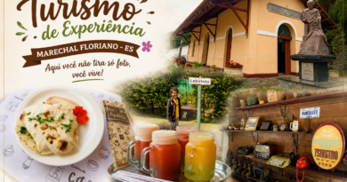 Colagem em estilo clean da cidade de Marechal Floriano, nas Montanhas Capixabas, reunindo estação ferroviária histórica, gastronomia artesanal, bebidas coloridas, ambiente rústico acolhedor e experiências turísticas locais. A arte traz o título “Turismo de Experiência” e destaca o clima afetivo e sensorial do turismo na região.