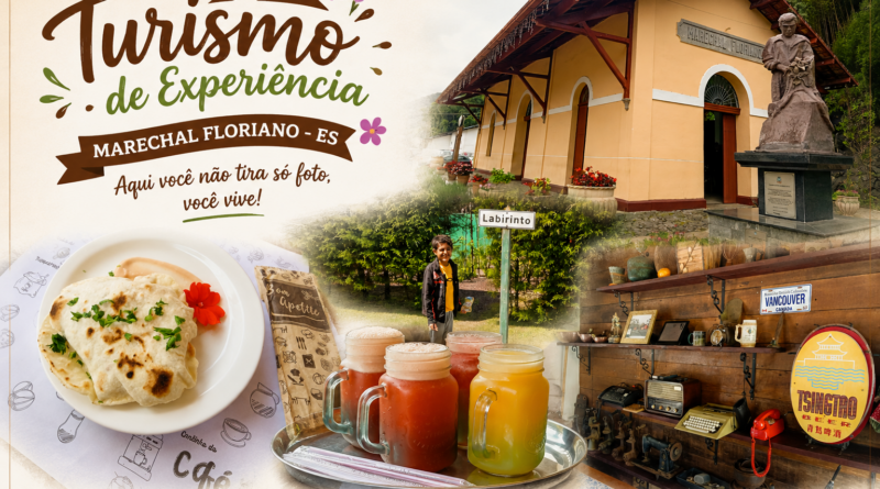 Colagem em estilo clean da cidade de Marechal Floriano, nas Montanhas Capixabas, reunindo estação ferroviária histórica, gastronomia artesanal, bebidas coloridas, ambiente rústico acolhedor e experiências turísticas locais. A arte traz o título “Turismo de Experiência” e destaca o clima afetivo e sensorial do turismo na região.