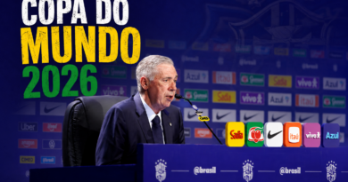 Carlo Ancelotti aparece durante a convocação da Seleção Brasileira para a Copa do Mundo 2026 em coletiva no Museu do Amanhã. A montagem em estilo editorial da Revista Pauta Solta traz o técnico em destaque diante do painel de patrocinadores da CBF, com o título “Copa do Mundo 2026” em cores da bandeira brasileira no canto superior esquerdo e o endereço www.pautasolta.com centralizado na parte inferior.