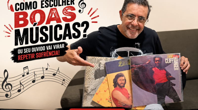Jornalista Adelar Dias Junior sentado em um sofá segurando discos de vinil clássicos, em uma montagem clean e provocativa no estilo da Revista Digital Pauta Solta, com o título “Como escolher boas músicas?” em destaque e elementos visuais ligados ao universo musical.