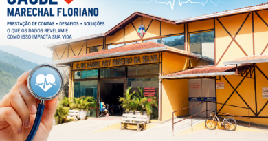 Imagem horizontal da fachada do Centro de Saúde Ary Ribeiro da Silva, em Marechal Floriano, usada em montagem jornalística da Revista Pauta Solta. A arte traz elementos visuais ligados à saúde pública, como estetoscópio e linha de batimentos cardíacos, com destaque para o título sobre a audiência pública da saúde e o crescimento da demanda no município.