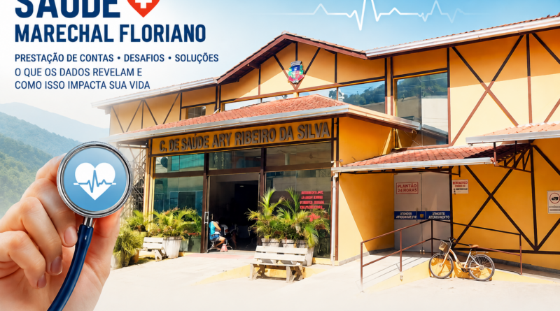Imagem horizontal da fachada do Centro de Saúde Ary Ribeiro da Silva, em Marechal Floriano, usada em montagem jornalística da Revista Pauta Solta. A arte traz elementos visuais ligados à saúde pública, como estetoscópio e linha de batimentos cardíacos, com destaque para o título sobre a audiência pública da saúde e o crescimento da demanda no município.