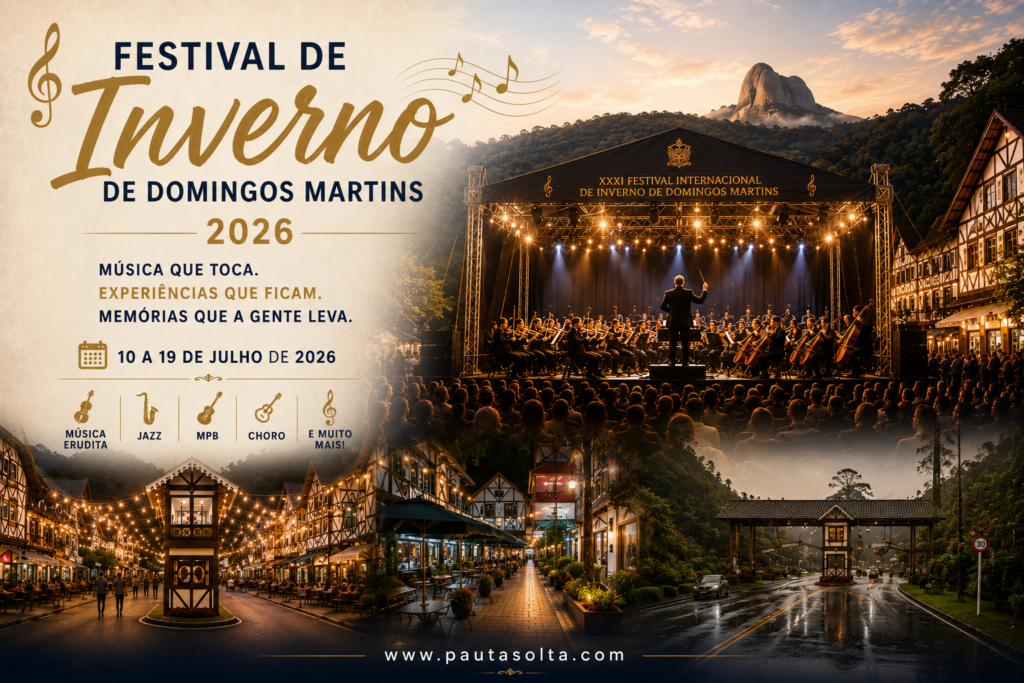 Arte de capa do artigo sobre o XXXI Festival Internacional de Inverno de Música Erudita e Popular de Domingos Martins. A composição destaca uma apresentação de orquestra diante de grande público, tendo ao fundo elementos da arquitetura típica de Domingos Martins e das montanhas capixabas. Na parte inferior, fotografias da Rua de Lazer iluminada e da entrada da região de Pedra Azul reforçam a conexão entre música, cultura, turismo e identidade regional.