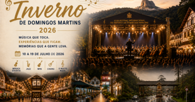 Arte de capa do artigo sobre o XXXI Festival Internacional de Inverno de Música Erudita e Popular de Domingos Martins. A composição destaca uma apresentação de orquestra diante de grande público, tendo ao fundo elementos da arquitetura típica de Domingos Martins e das montanhas capixabas. Na parte inferior, fotografias da Rua de Lazer iluminada e da entrada da região de Pedra Azul reforçam a conexão entre música, cultura, turismo e identidade regional.