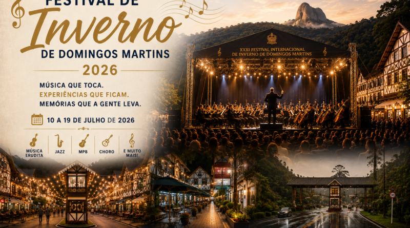 Arte de capa do artigo sobre o XXXI Festival Internacional de Inverno de Música Erudita e Popular de Domingos Martins. A composição destaca uma apresentação de orquestra diante de grande público, tendo ao fundo elementos da arquitetura típica de Domingos Martins e das montanhas capixabas. Na parte inferior, fotografias da Rua de Lazer iluminada e da entrada da região de Pedra Azul reforçam a conexão entre música, cultura, turismo e identidade regional.
