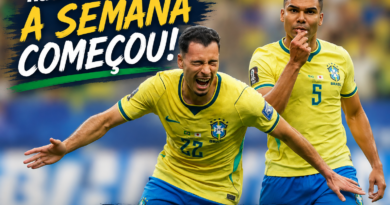 Arte de capa da Revista Pauta Solta sobre a vitória do Brasil por 2 a 1 sobre o Japão na Copa do Mundo de 2026. Em primeiro plano, Gabriel Martinelli comemora o gol da virada com os braços abertos e expressão de euforia. Ao fundo, Casemiro aparece em destaque celebrando o empate. No canto superior esquerdo, o título "Agora sim, a semana começou!" em tipografia estilizada nas cores da Seleção Brasileira. Na parte inferior, centralizado, está o endereço www.pautasolta.com.