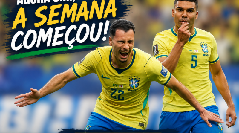 Arte de capa da Revista Pauta Solta sobre a vitória do Brasil por 2 a 1 sobre o Japão na Copa do Mundo de 2026. Em primeiro plano, Gabriel Martinelli comemora o gol da virada com os braços abertos e expressão de euforia. Ao fundo, Casemiro aparece em destaque celebrando o empate. No canto superior esquerdo, o título "Agora sim, a semana começou!" em tipografia estilizada nas cores da Seleção Brasileira. Na parte inferior, centralizado, está o endereço www.pautasolta.com.