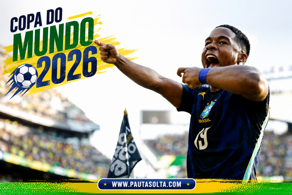 Jogador da Seleção Brasileira comemora de forma vibrante diante de um estádio lotado, em imagem promocional da Copa do Mundo 2026. A arte destaca o título “Copa do Mundo 2026” em cores inspiradas na bandeira brasileira, reforçando a expectativa dos torcedores para o início do maior Mundial da história.