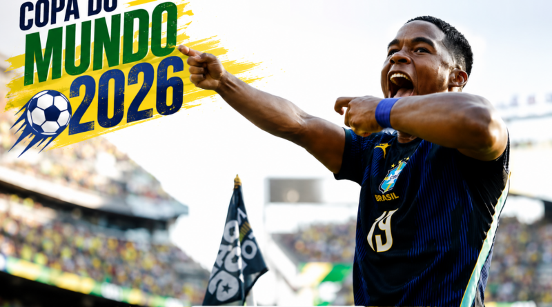 Jogador da Seleção Brasileira comemora de forma vibrante diante de um estádio lotado, em imagem promocional da Copa do Mundo 2026. A arte destaca o título “Copa do Mundo 2026” em cores inspiradas na bandeira brasileira, reforçando a expectativa dos torcedores para o início do maior Mundial da história.