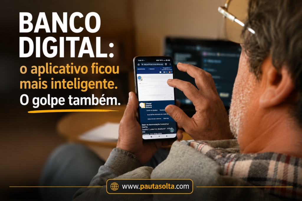 Homem utiliza o aplicativo de um banco digital no celular enquanto trabalha em frente ao computador. A imagem ilustra a crescente presença dos serviços financeiros digitais no cotidiano e reforça o tema da segurança contra golpes virtuais.