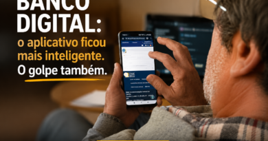 Homem utiliza o aplicativo de um banco digital no celular enquanto trabalha em frente ao computador. A imagem ilustra a crescente presença dos serviços financeiros digitais no cotidiano e reforça o tema da segurança contra golpes virtuais.