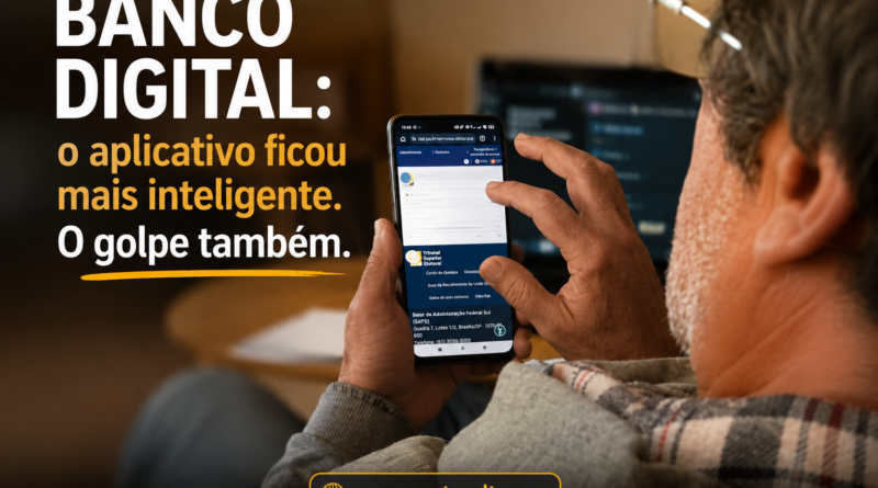 Homem utiliza o aplicativo de um banco digital no celular enquanto trabalha em frente ao computador. A imagem ilustra a crescente presença dos serviços financeiros digitais no cotidiano e reforça o tema da segurança contra golpes virtuais.