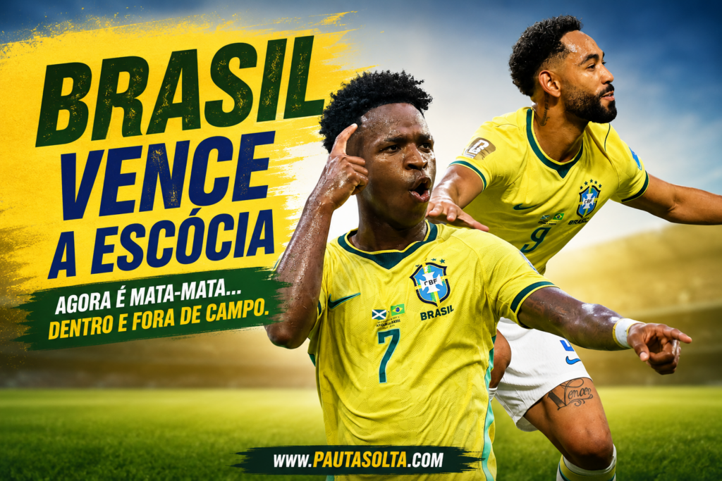 Vinícius Júnior e Matheus Cunha comemoram a vitória do Brasil por 3 a 0 sobre a Escócia na Copa do Mundo de 2026, resultado que garantiu a liderança do Grupo C e a classificação às oitavas de final.