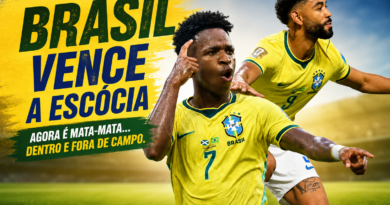 Vinícius Júnior e Matheus Cunha comemoram a vitória do Brasil por 3 a 0 sobre a Escócia na Copa do Mundo de 2026, resultado que garantiu a liderança do Grupo C e a classificação às oitavas de final.