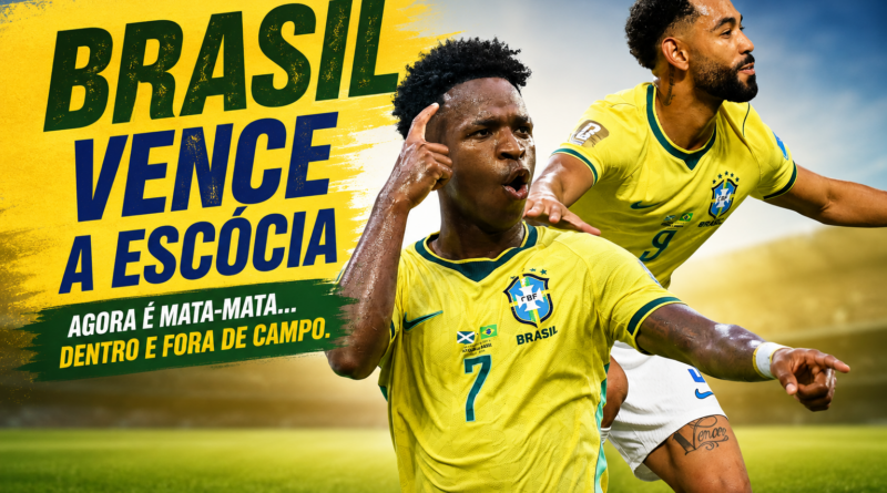 Vinícius Júnior e Matheus Cunha comemoram a vitória do Brasil por 3 a 0 sobre a Escócia na Copa do Mundo de 2026, resultado que garantiu a liderança do Grupo C e a classificação às oitavas de final.