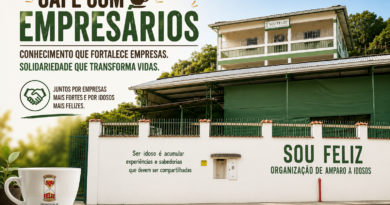 Banner horizontal do evento Café com Empresários, realizado na Sou Feliz – Organização de Amparo a Idosos, em Marechal Floriano (ES). A imagem mostra a fachada da instituição em destaque, com visual limpo e iluminado, acompanhada de uma xícara de café com a logomarca da Sou Feliz. No canto superior esquerdo, o título "Café com Empresários" reforça a proposta de unir conhecimento para empresários e solidariedade em benefício dos idosos acolhidos pela instituição.