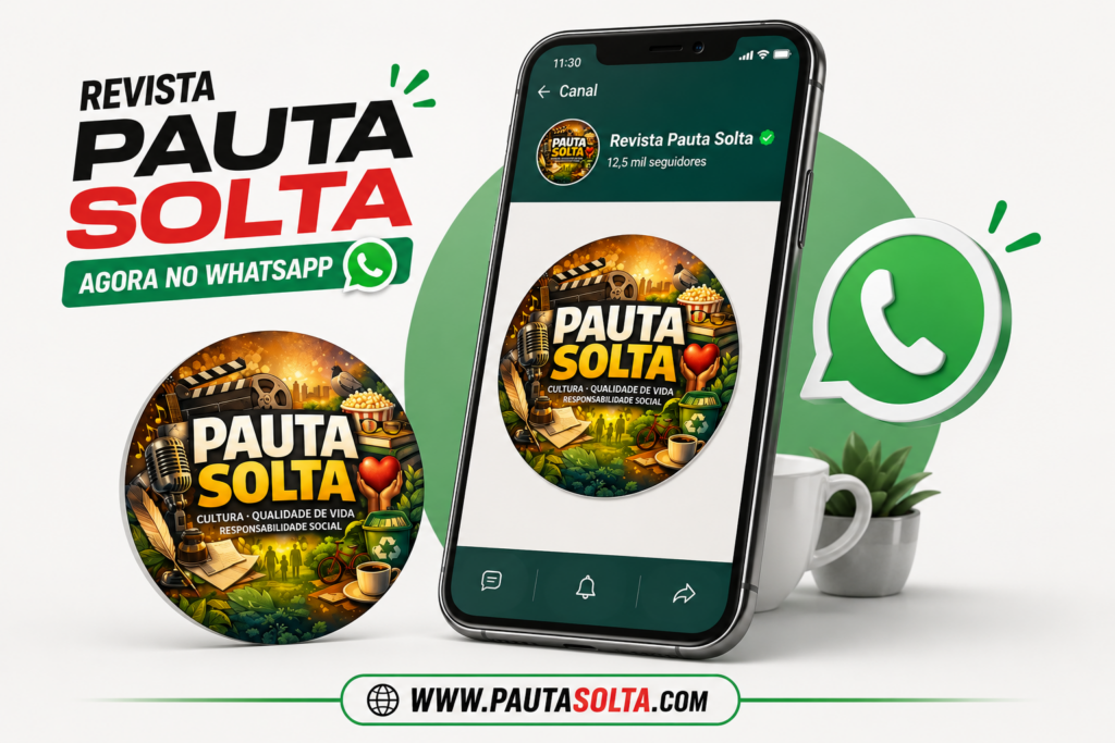 Ilustração promocional da Revista Pauta Solta no WhatsApp. A imagem apresenta um smartphone exibindo o canal oficial da revista, acompanhado do logotipo circular do canal e do ícone do WhatsApp em destaque. Em um design limpo e moderno, o título “Revista Pauta Solta Agora no WhatsApp” aparece à esquerda, reforçando o acesso a conteúdos jornalísticos, análises e informações de qualidade. Na parte inferior, o endereço www.pautasolta.com está destacado sobre fundo claro e minimalista.