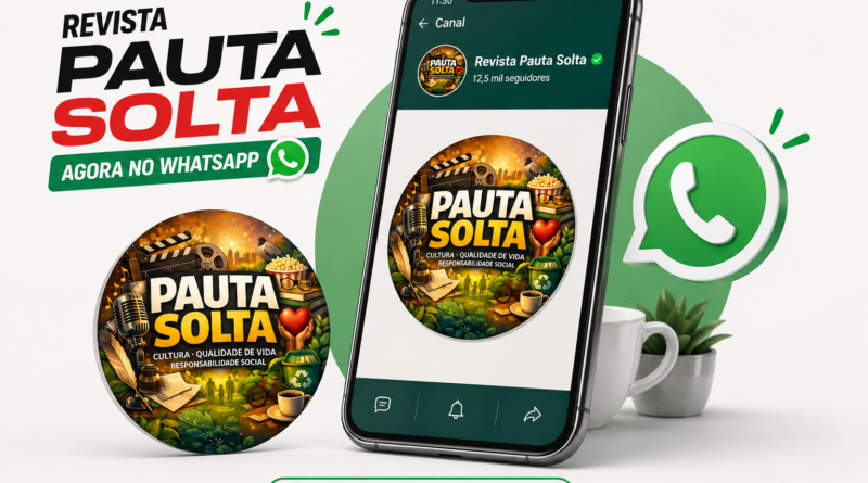 Ilustração promocional da Revista Pauta Solta no WhatsApp. A imagem apresenta um smartphone exibindo o canal oficial da revista, acompanhado do logotipo circular do canal e do ícone do WhatsApp em destaque. Em um design limpo e moderno, o título “Revista Pauta Solta Agora no WhatsApp” aparece à esquerda, reforçando o acesso a conteúdos jornalísticos, análises e informações de qualidade. Na parte inferior, o endereço www.pautasolta.com está destacado sobre fundo claro e minimalista.
