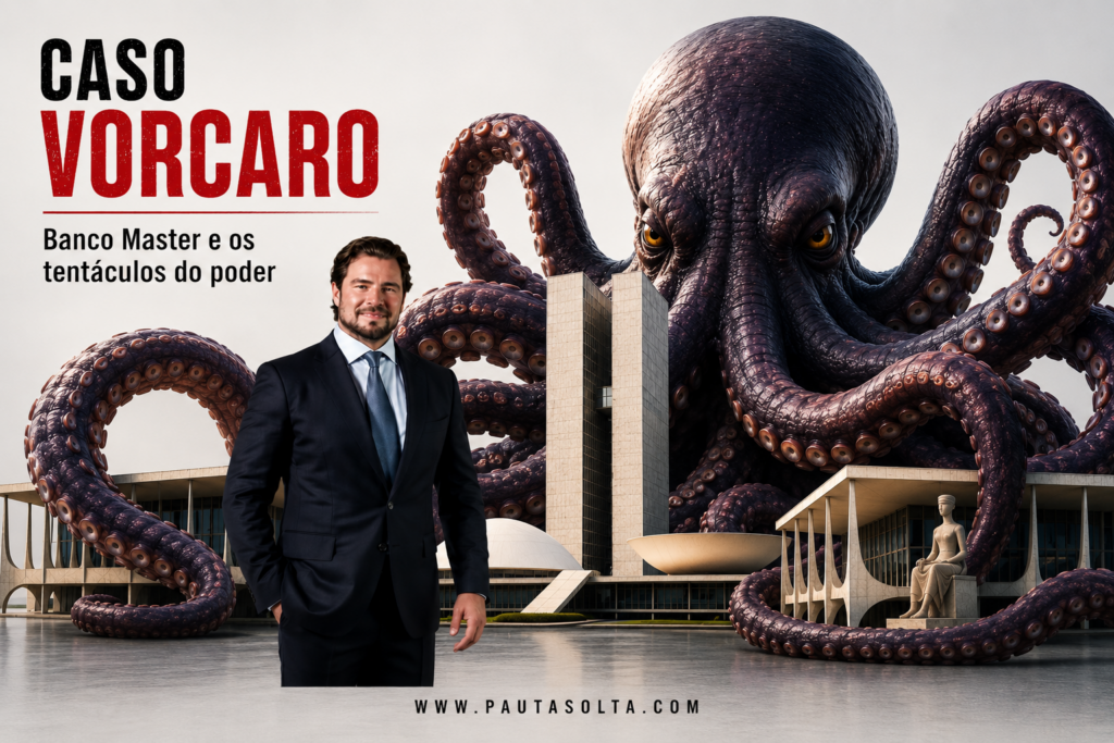Ilustração editorial mostra um banqueiro em primeiro plano diante dos prédios dos Três Poderes, em Brasília, enquanto um enorme polvo envolve as estruturas com seus tentáculos, simbolizando influência política e econômica. No canto superior esquerdo aparece o título "Caso Vorcaro – Banco Master e os tentáculos do poder".