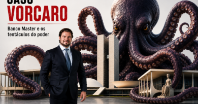 Ilustração editorial mostra um banqueiro em primeiro plano diante dos prédios dos Três Poderes, em Brasília, enquanto um enorme polvo envolve as estruturas com seus tentáculos, simbolizando influência política e econômica. No canto superior esquerdo aparece o título "Caso Vorcaro – Banco Master e os tentáculos do poder".