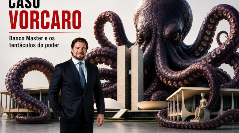 Ilustração editorial mostra um banqueiro em primeiro plano diante dos prédios dos Três Poderes, em Brasília, enquanto um enorme polvo envolve as estruturas com seus tentáculos, simbolizando influência política e econômica. No canto superior esquerdo aparece o título "Caso Vorcaro – Banco Master e os tentáculos do poder".
