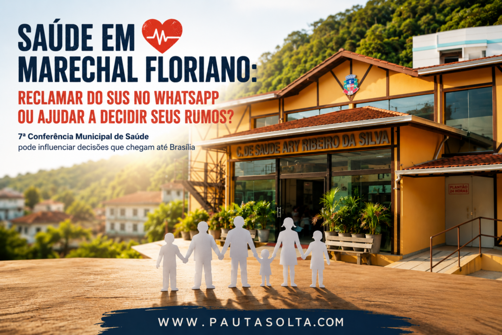 Fachada da unidade de saúde de Marechal Floriano em destaque, cercada pelas montanhas da região, com elementos visuais representando a participação da população nas decisões sobre a saúde pública. Arte ilustrativa da Revista Pauta Solta para matéria sobre a 7ª Conferência Municipal de Saúde.