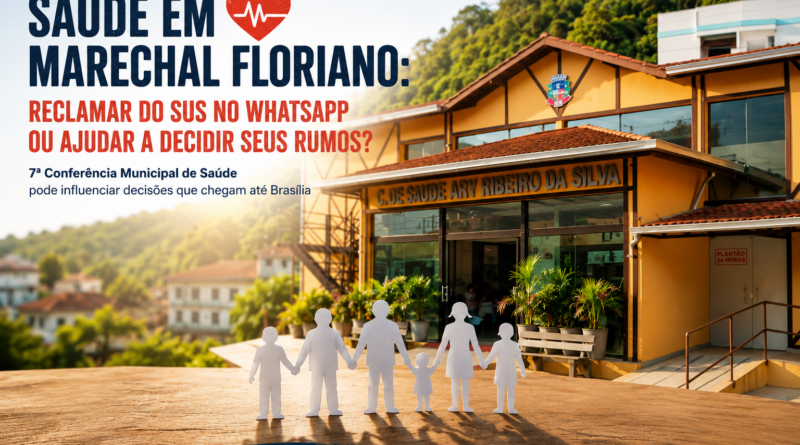Fachada da unidade de saúde de Marechal Floriano em destaque, cercada pelas montanhas da região, com elementos visuais representando a participação da população nas decisões sobre a saúde pública. Arte ilustrativa da Revista Pauta Solta para matéria sobre a 7ª Conferência Municipal de Saúde.
