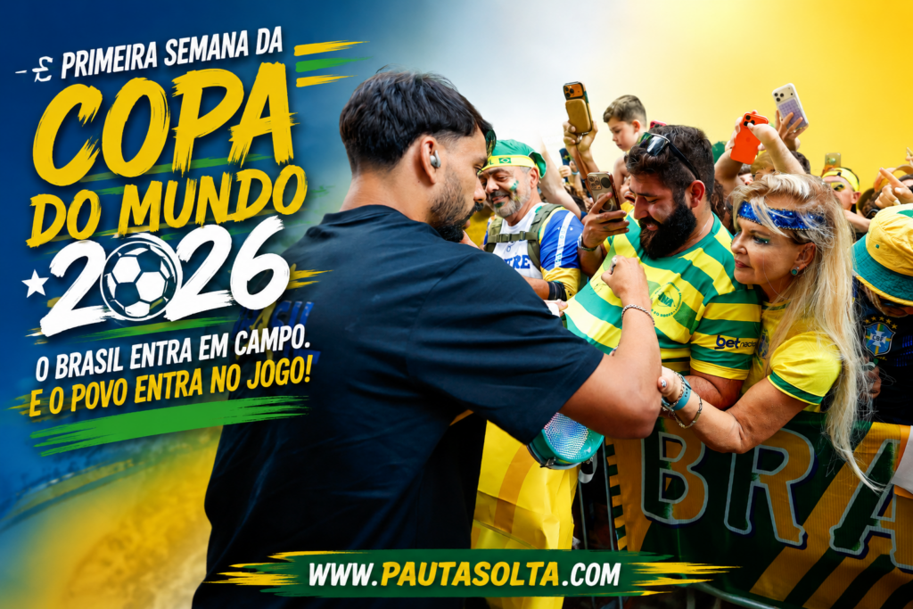 Torcedores brasileiros vestidos de verde e amarelo comemoram e interagem em um ambiente festivo durante a Copa do Mundo 2026. A imagem destaca a paixão popular pelo futebol e o impacto do torneio na rotina das pessoas, tema central do artigo da Revista Pauta Solta sobre comportamento, consumo e vida cotidiana durante o Mundial.
