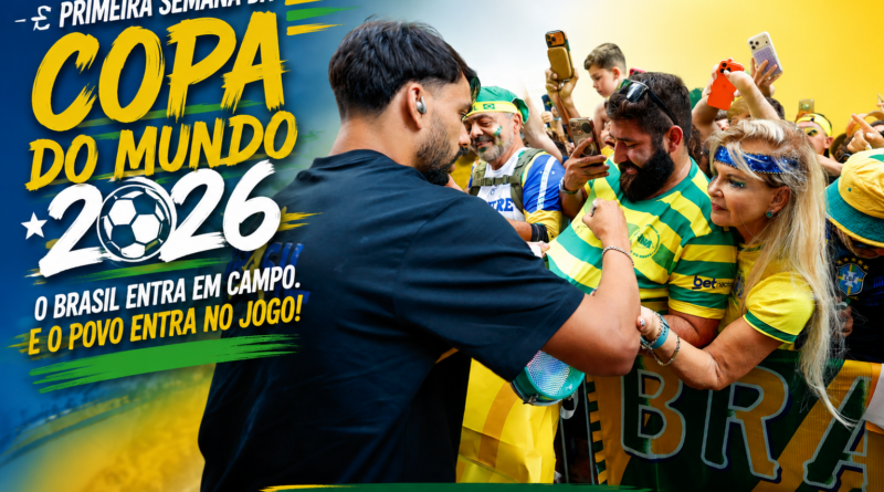 Torcedores brasileiros vestidos de verde e amarelo comemoram e interagem em um ambiente festivo durante a Copa do Mundo 2026. A imagem destaca a paixão popular pelo futebol e o impacto do torneio na rotina das pessoas, tema central do artigo da Revista Pauta Solta sobre comportamento, consumo e vida cotidiana durante o Mundial.