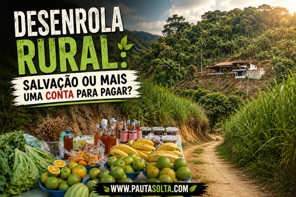Banner ilustrativo sobre o Desenrola Rural. Em primeiro plano aparecem produtos da agricultura familiar, como frutas, verduras, mel e produtos artesanais. Ao fundo, uma estrada rural de terra conduz o olhar para uma propriedade localizada em área montanhosa cercada por vegetação exuberante. O título "Desenrola Rural: Salvação ou mais uma conta para pagar?" aparece em destaque, remetendo ao debate sobre o endividamento dos produtores rurais e os desafios da atividade agrícola.