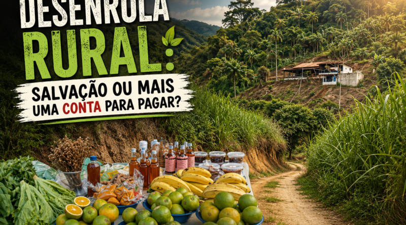 Banner ilustrativo sobre o Desenrola Rural. Em primeiro plano aparecem produtos da agricultura familiar, como frutas, verduras, mel e produtos artesanais. Ao fundo, uma estrada rural de terra conduz o olhar para uma propriedade localizada em área montanhosa cercada por vegetação exuberante. O título "Desenrola Rural: Salvação ou mais uma conta para pagar?" aparece em destaque, remetendo ao debate sobre o endividamento dos produtores rurais e os desafios da atividade agrícola.