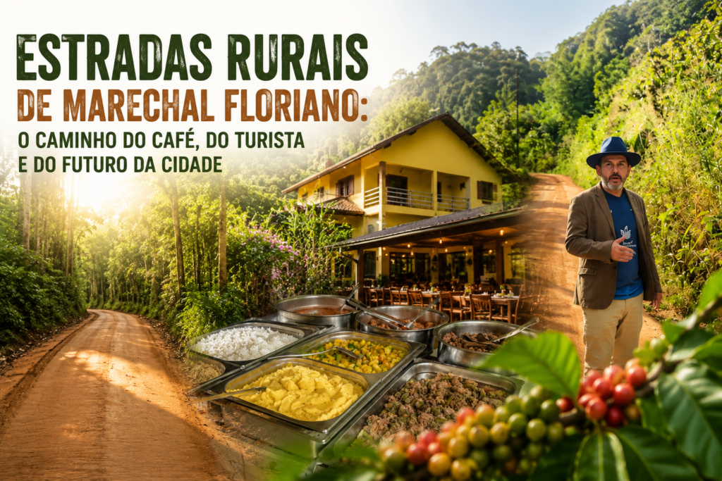 Montagem ilustrativa sobre a infraestrutura viária rural de Marechal Floriano. A imagem mostra uma estrada de terra cercada por vegetação típica das montanhas capixabas, integrada visualmente a elementos do turismo rural e da produção agrícola, como uma pousada, um buffet de comida caseira e grãos de café. Em destaque, o título do artigo aborda a relação entre estradas rurais, turismo, agricultura e desenvolvimento regional.