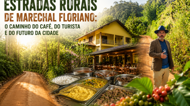 Montagem ilustrativa sobre a infraestrutura viária rural de Marechal Floriano. A imagem mostra uma estrada de terra cercada por vegetação típica das montanhas capixabas, integrada visualmente a elementos do turismo rural e da produção agrícola, como uma pousada, um buffet de comida caseira e grãos de café. Em destaque, o título do artigo aborda a relação entre estradas rurais, turismo, agricultura e desenvolvimento regional.