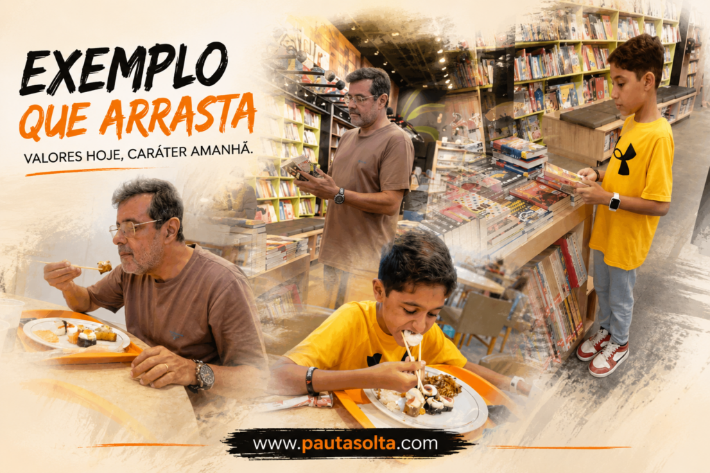 Montagem artística mostra pai e filho em momentos de convivência e aprendizado. As imagens retratam os dois em uma livraria, escolhendo livros e compartilhando uma refeição. A composição utiliza efeito de fusão suave entre as fotografias, transmitindo a ideia de que valores, hábitos e exemplos são construídos no cotidiano familiar. O título do artigo destaca a importância do exemplo na formação das novas gerações.