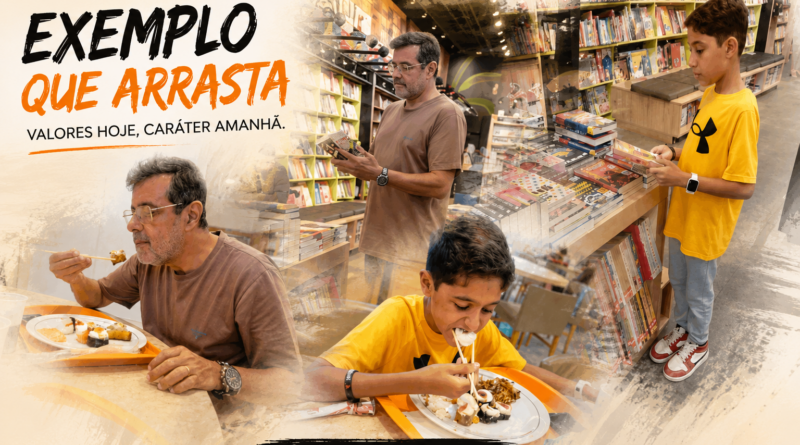 Montagem artística mostra pai e filho em momentos de convivência e aprendizado. As imagens retratam os dois em uma livraria, escolhendo livros e compartilhando uma refeição. A composição utiliza efeito de fusão suave entre as fotografias, transmitindo a ideia de que valores, hábitos e exemplos são construídos no cotidiano familiar. O título do artigo destaca a importância do exemplo na formação das novas gerações.