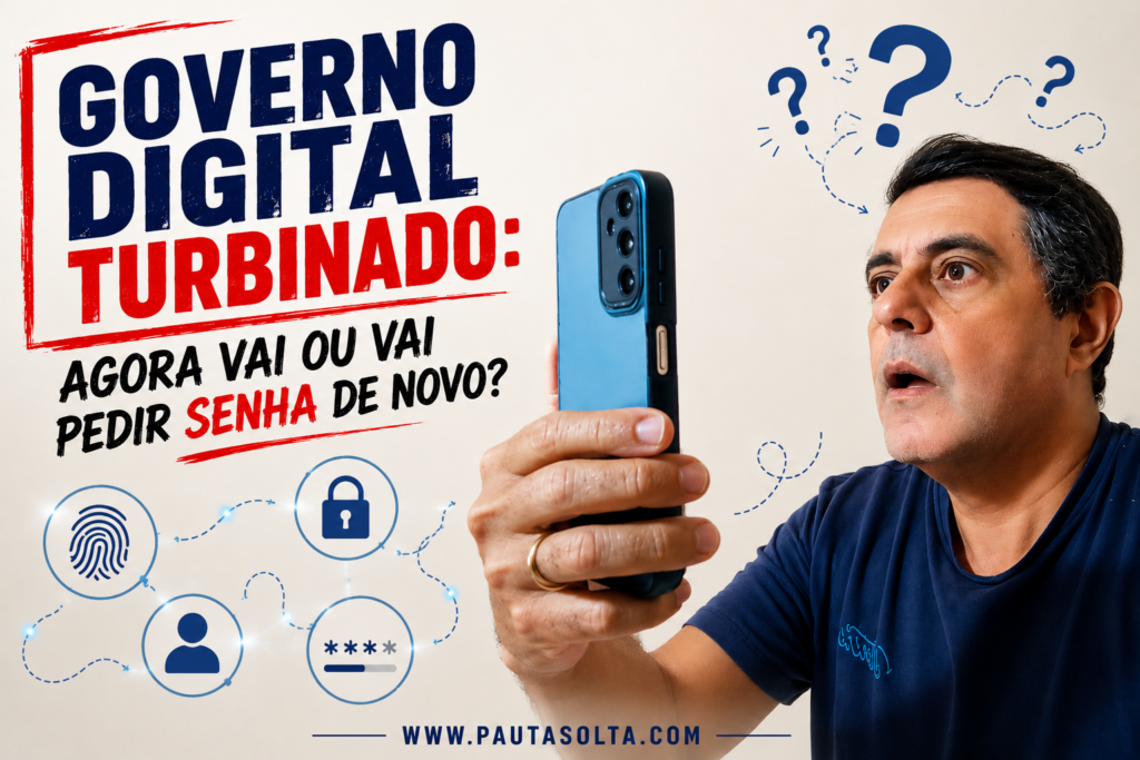 Homem observa atentamente a tela do celular enquanto realiza uma validação digital de identidade. A imagem traz elementos gráficos relacionados à segurança digital, senhas e autenticação, ilustrando os desafios enfrentados pelos cidadãos diante da crescente digitalização dos serviços públicos. No canto superior esquerdo, o título destaca o tema "Governo Digital Turbinado: agora vai ou vai pedir senha de novo?", e na parte inferior aparece o endereço www.pautasolta.com.