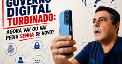 Homem observa atentamente a tela do celular enquanto realiza uma validação digital de identidade. A imagem traz elementos gráficos relacionados à segurança digital, senhas e autenticação, ilustrando os desafios enfrentados pelos cidadãos diante da crescente digitalização dos serviços públicos. No canto superior esquerdo, o título destaca o tema "Governo Digital Turbinado: agora vai ou vai pedir senha de novo?", e na parte inferior aparece o endereço www.pautasolta.com.