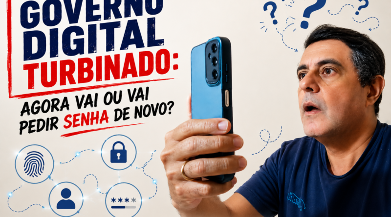 Homem observa atentamente a tela do celular enquanto realiza uma validação digital de identidade. A imagem traz elementos gráficos relacionados à segurança digital, senhas e autenticação, ilustrando os desafios enfrentados pelos cidadãos diante da crescente digitalização dos serviços públicos. No canto superior esquerdo, o título destaca o tema "Governo Digital Turbinado: agora vai ou vai pedir senha de novo?", e na parte inferior aparece o endereço www.pautasolta.com.