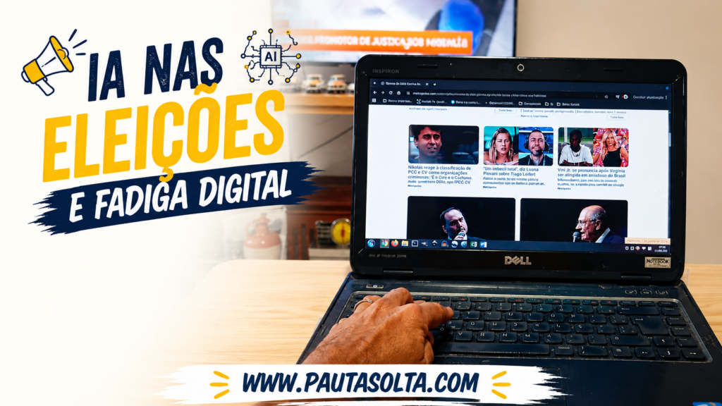 Imagem horizontal da Revista Pauta Solta sobre inteligência artificial, eleições e fadiga digital. Em primeiro plano, uma mão utiliza um notebook sobre uma mesa clara. Na tela, aparecem conteúdos jornalísticos e notícias da internet. À esquerda, o título estilizado “IA nas Eleições e Fadiga Digital”. Na parte inferior, o endereço www.pautasolta.com. A composição sugere reflexão sobre desinformação, deepfakes, excesso de informação e os desafios do senso crítico na era digital.
