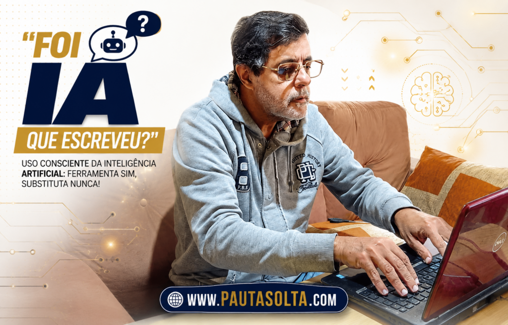 Jornalista Adelar Dias Junior trabalhando em um notebook em ambiente residencial, em composição gráfica sobre Inteligência Artificial. A arte traz elementos tecnológicos, ilustrações relacionadas à IA e o título “Foi IA que escreveu?”, destacando a reflexão sobre o uso consciente da Inteligência Artificial como ferramenta de apoio, sem substituir o pensamento humano.