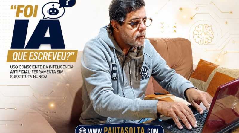 Jornalista Adelar Dias Junior trabalhando em um notebook em ambiente residencial, em composição gráfica sobre Inteligência Artificial. A arte traz elementos tecnológicos, ilustrações relacionadas à IA e o título “Foi IA que escreveu?”, destacando a reflexão sobre o uso consciente da Inteligência Artificial como ferramenta de apoio, sem substituir o pensamento humano.