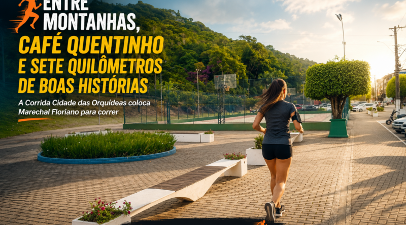 Corredora em primeiro plano na Praça José Henrique Pereira, em Marechal Floriano (ES), com as montanhas ao fundo, ilustrando a Corrida Cidade das Orquídeas, evento que reúne esporte, turismo, qualidade de vida e solidariedade.