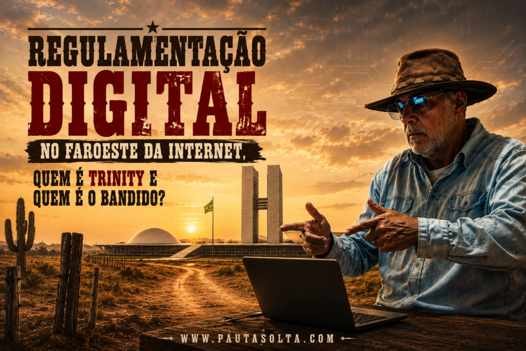 Ilustração editorial inspirada em filmes de faroeste italiano mostra um cowboy moderno usando chapéu e óculos diante de um notebook, em uma paisagem árida com o Congresso Nacional ao fundo. O cenário mistura elementos do Velho Oeste e da era digital para representar o debate sobre regulamentação das redes sociais. O título destaca: “Regulamentação Digital: No Faroeste da Internet, Quem é Trinity e Quem é o Bandido?”. No rodapé aparece o endereço www.pautasolta.com.