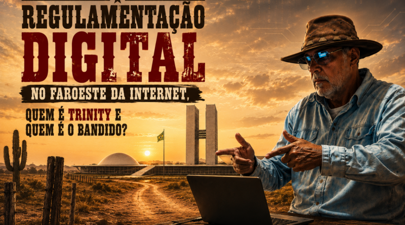 Ilustração editorial inspirada em filmes de faroeste italiano mostra um cowboy moderno usando chapéu e óculos diante de um notebook, em uma paisagem árida com o Congresso Nacional ao fundo. O cenário mistura elementos do Velho Oeste e da era digital para representar o debate sobre regulamentação das redes sociais. O título destaca: “Regulamentação Digital: No Faroeste da Internet, Quem é Trinity e Quem é o Bandido?”. No rodapé aparece o endereço www.pautasolta.com.
