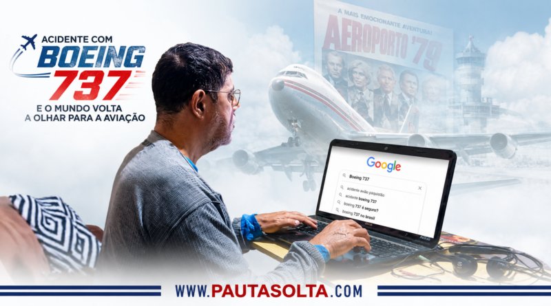 Jornalista pesquisa informações sobre um acidente com um Boeing 737 em um notebook, enquanto ao fundo surgem, em efeito de memória, um avião comercial e o cartaz do filme Aeroporto '79. A montagem representa como um acidente aéreo desperta buscas na internet, lembranças do cinema e reflexões sobre a segurança da aviação.