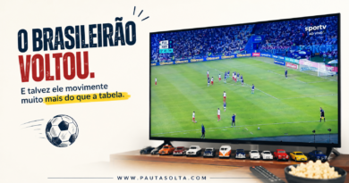 Arte de capa do artigo mostra uma televisão exibindo uma partida do Campeonato Brasileiro, ao lado do título "O Brasileirão voltou. E talvez ele movimente muito mais do que a tabela." em um fundo claro e minimalista, destacando a ideia de que o futebol também promove convivência e encontros.