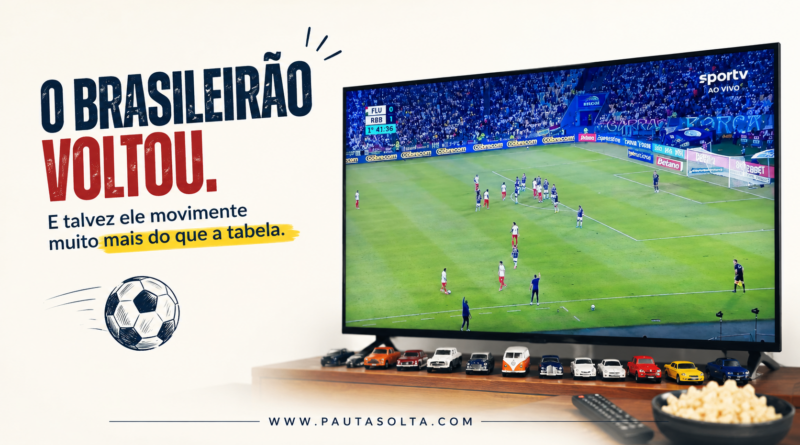 Arte de capa do artigo mostra uma televisão exibindo uma partida do Campeonato Brasileiro, ao lado do título "O Brasileirão voltou. E talvez ele movimente muito mais do que a tabela." em um fundo claro e minimalista, destacando a ideia de que o futebol também promove convivência e encontros.